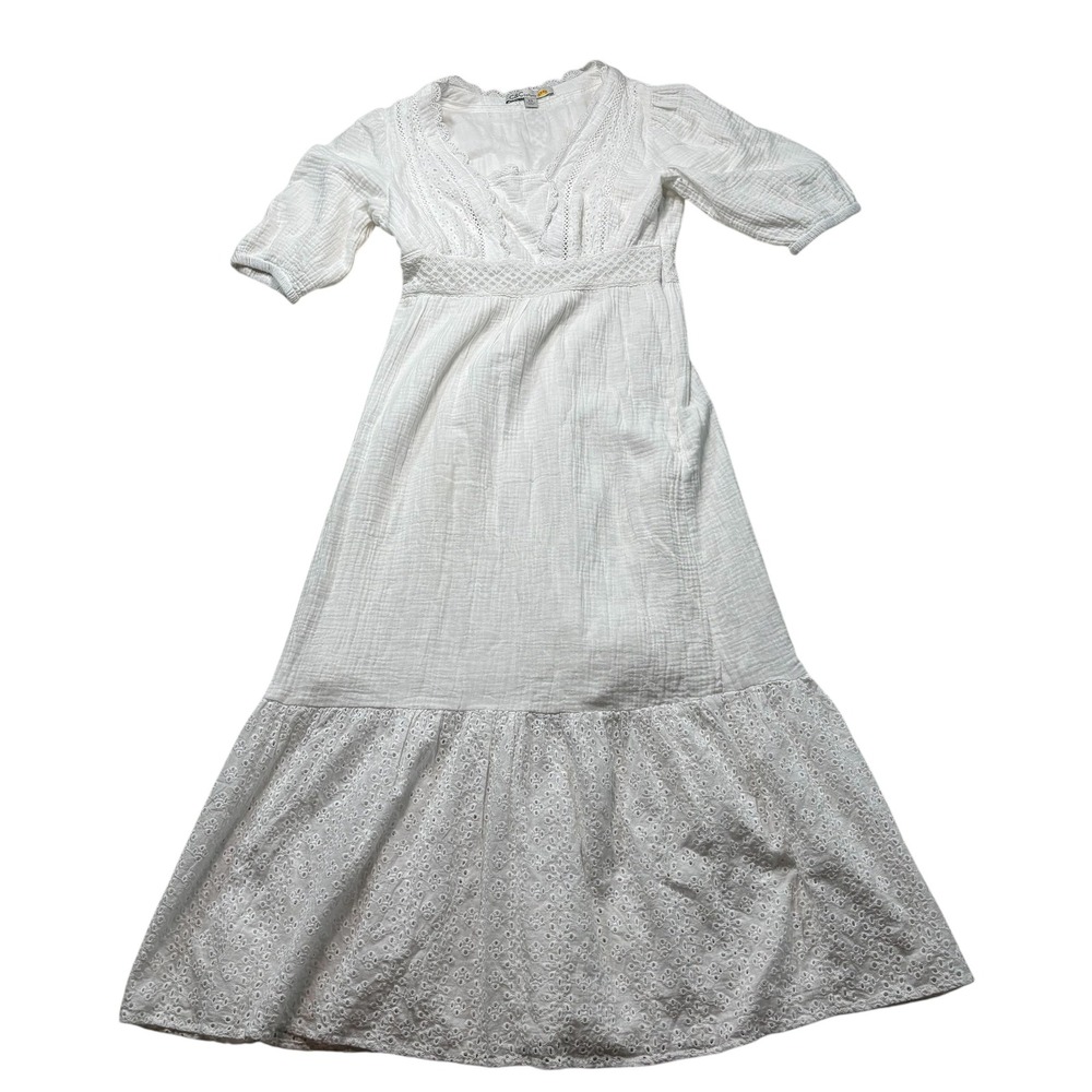 C&C California White Eyelet Lace Gauze Maxi Dress Boho Cottagecore XS #1041